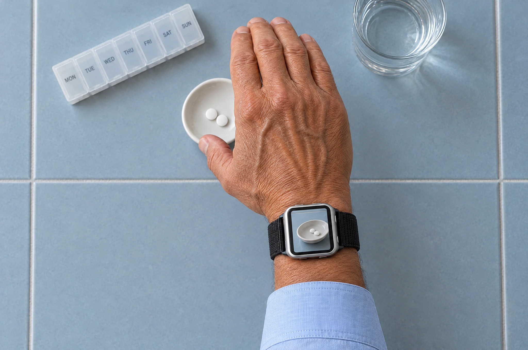 A right hand hovering over tablets, with an oblique band-camera view on the watch screen